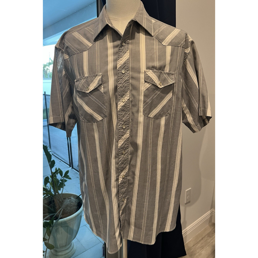 VNTG WRANGLER Shirt Mens XL Gray Pearl Snap Striped Western Cowboy Long Tail EUC